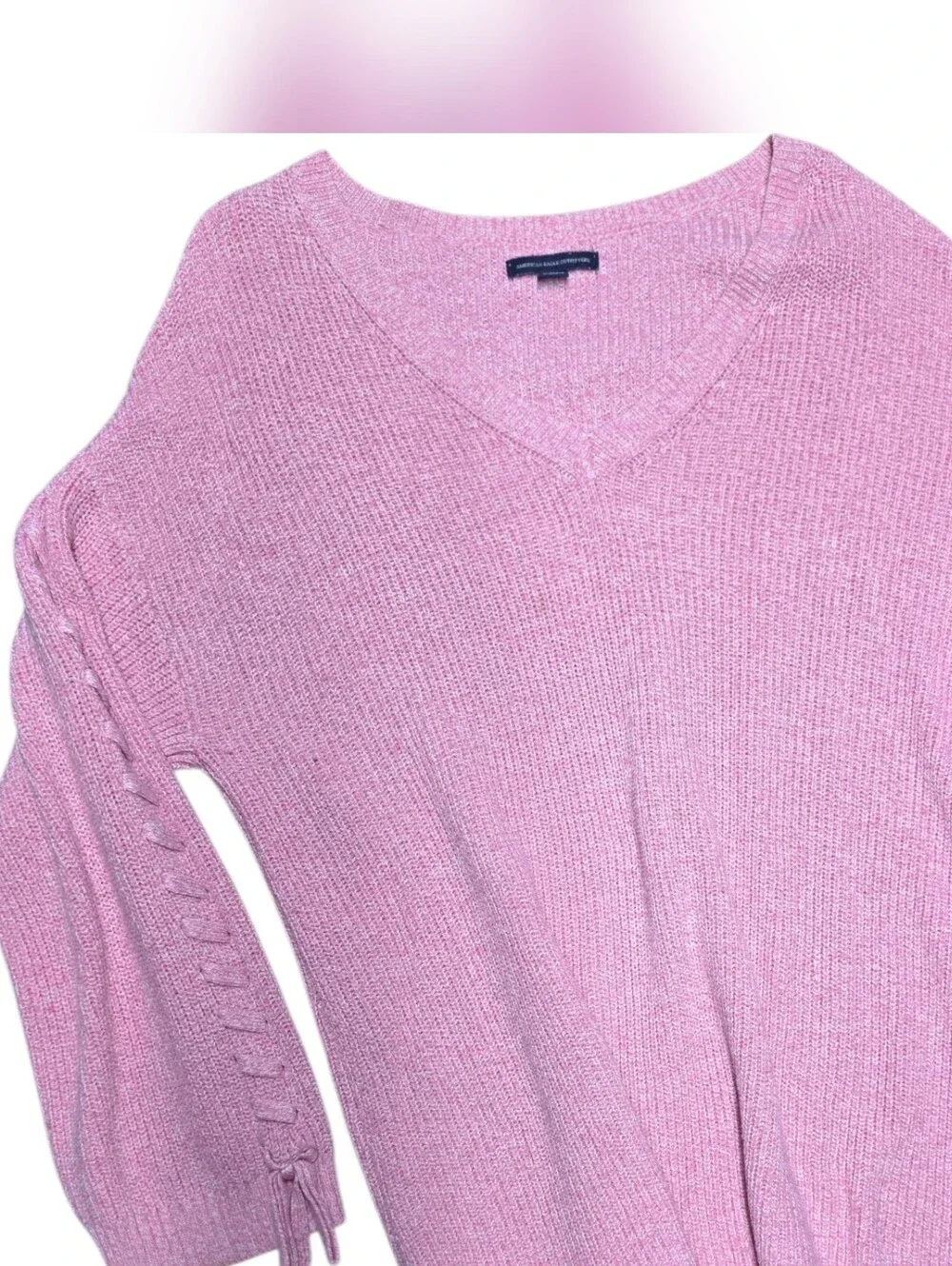 Pink Women's Sweater Braided Laces On Sleeves Large - Picture 3 of 5